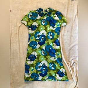 70s hippie flower power dress, green and blue tshirt dress